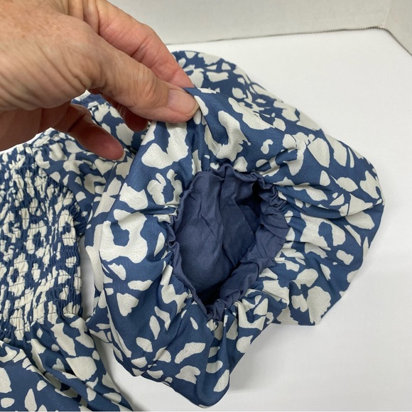 By Together Size S Blue & Cream Top Square Neck Gathered Bust Billowing Sleeves - Picture 7 of 12